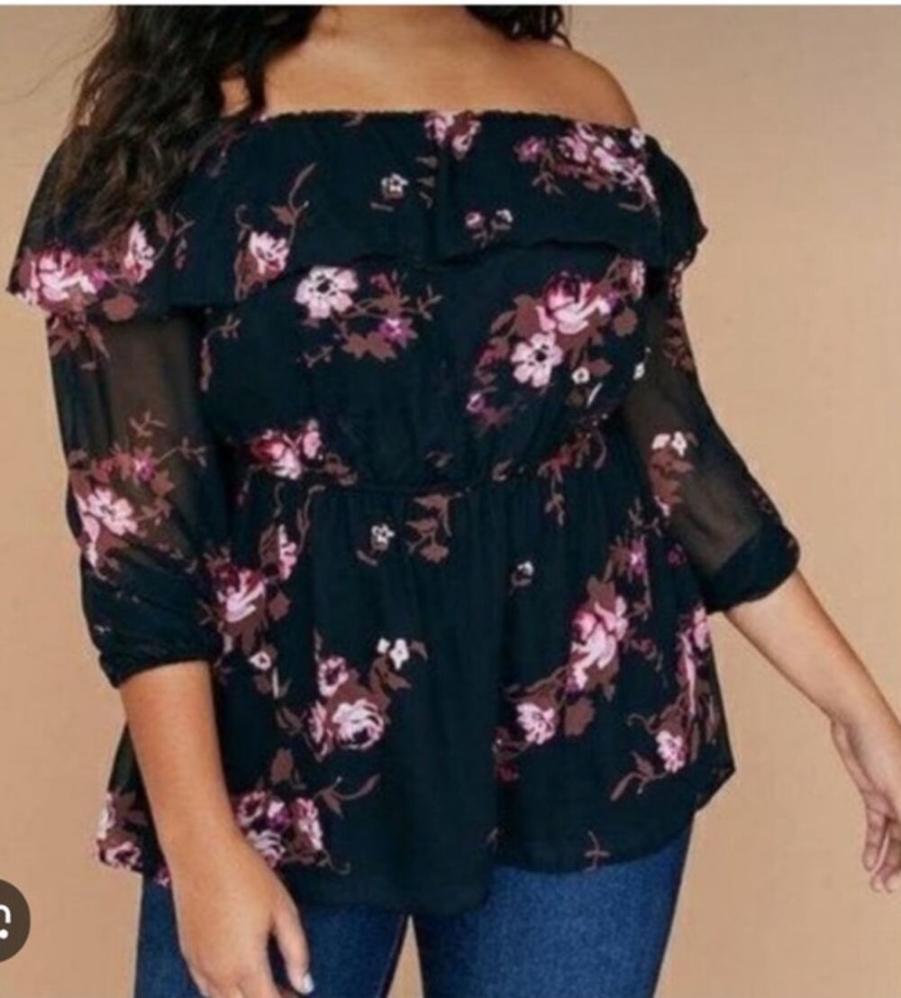 Lane Bryant Women 24 3x Black Pink Floral Off the Shoulder Peasant Flowy Blouse